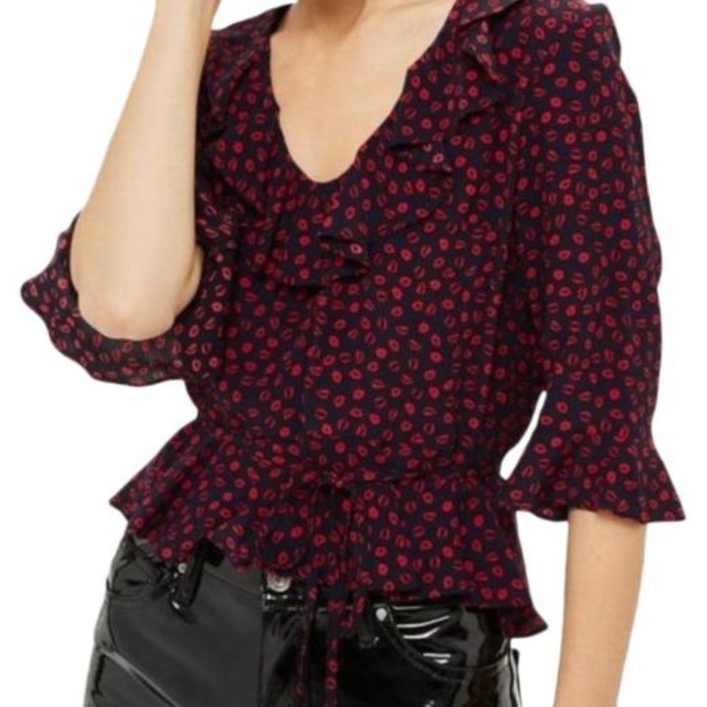 TOPSHOP blue red valentine lips blouse US Size 6